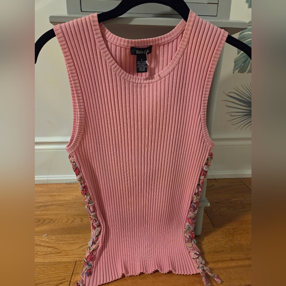 Y2K Pink Ribbed Tank with Braided Side Detail
